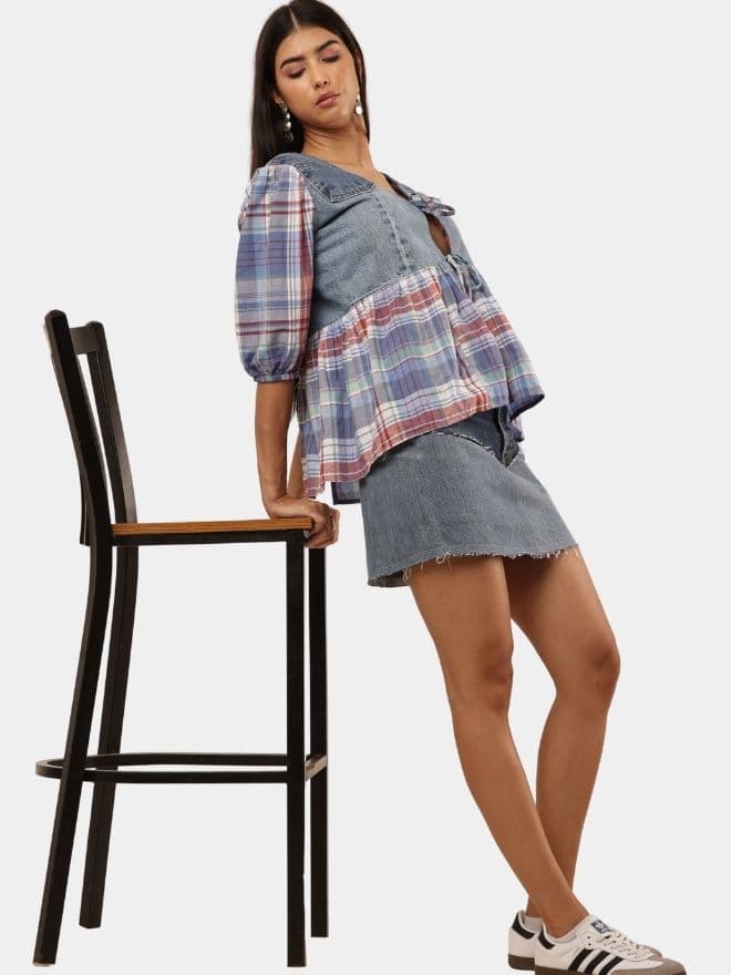 Denim & Plaid Patchwork Tie-Front Top — image 1 of 6