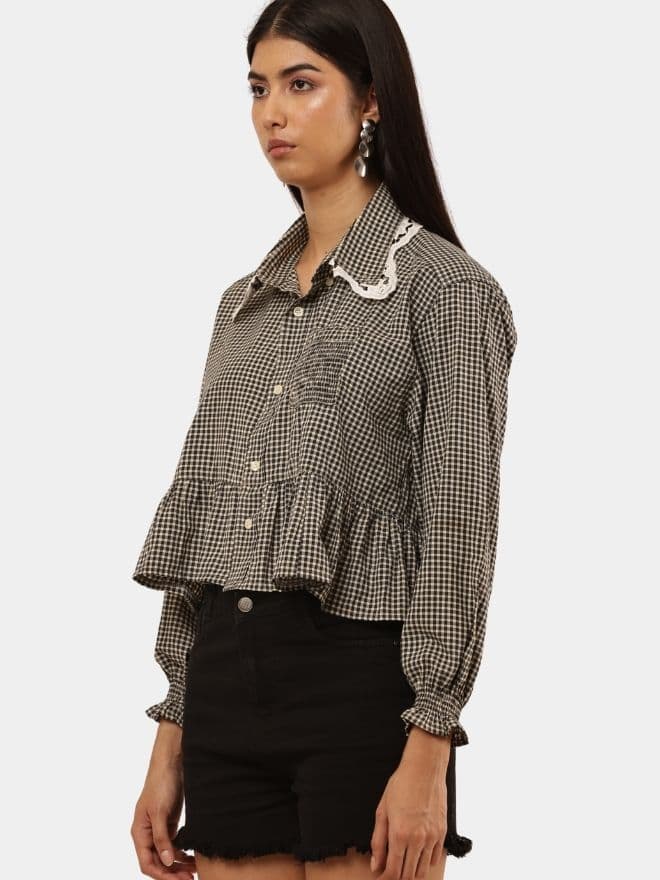 Checkered Crop Shirt Top Bundle with Lace Collar thumbnail 4