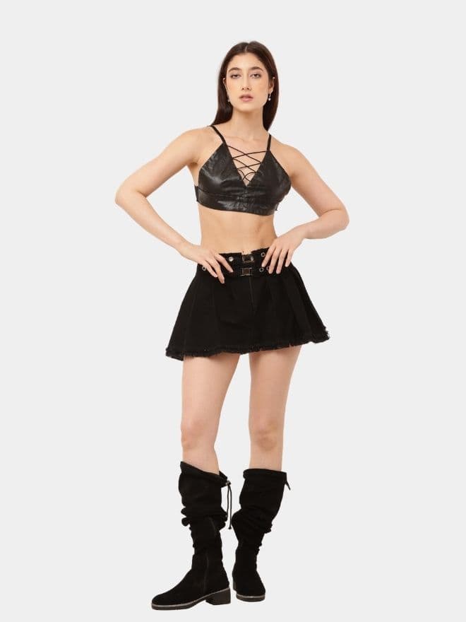 Black Tennis Skirt – Upcycled Asymmetrical Denim Mini thumbnail 4