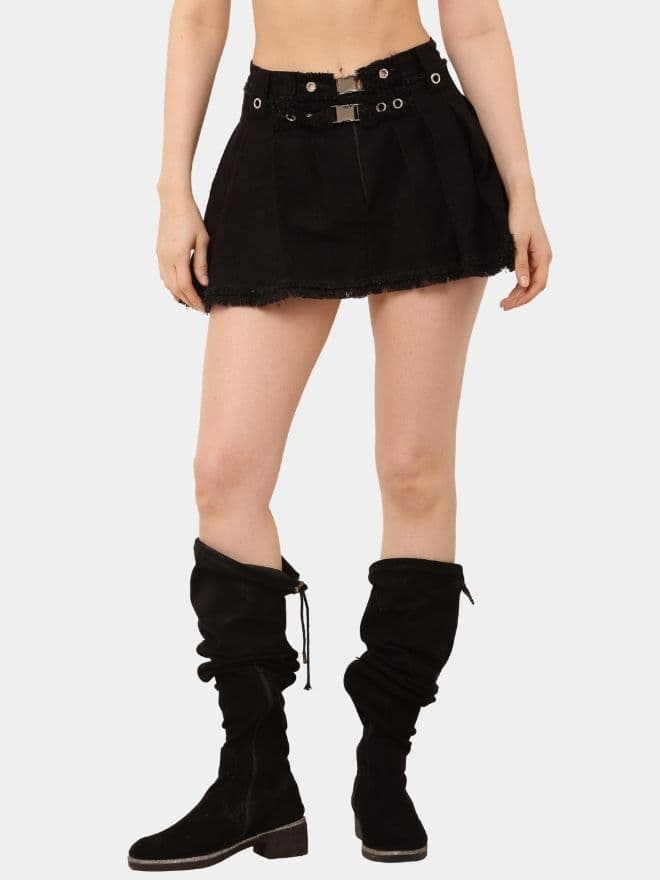 Black Tennis Skirt – Upcycled Asymmetrical Denim Mini thumbnail 3