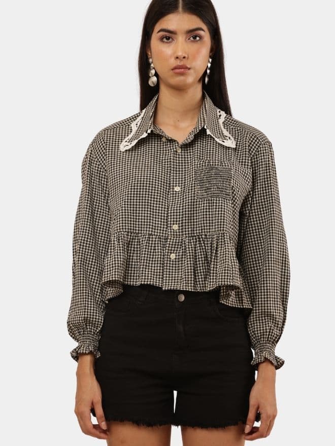 Checkered Crop Shirt Top Bundle with Lace Collar thumbnail 3