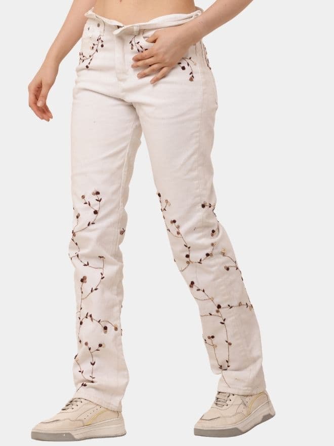 Floral Embroidered White Denim Pants — image 1 of 13