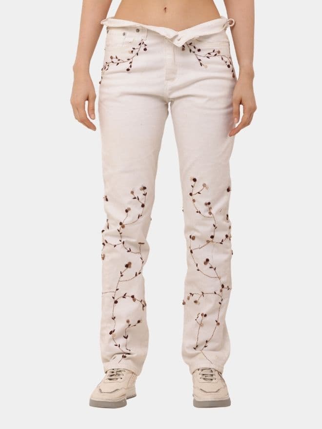Floral Embroidered White Denim Pants thumbnail 4
