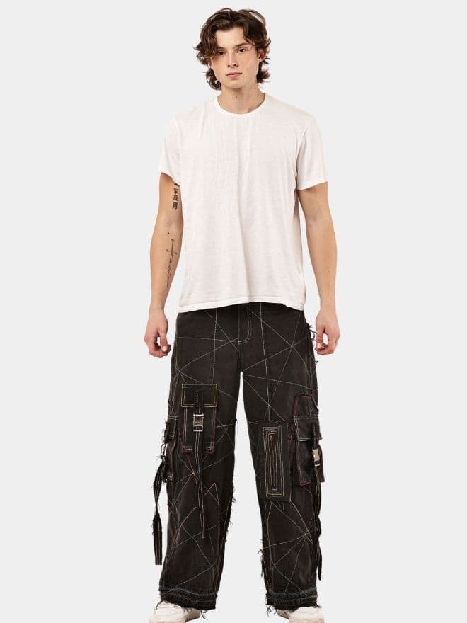 Black Panel Denim Cargo Pants – Contrast Stitch, Rhinestone Detail thumbnail 2
