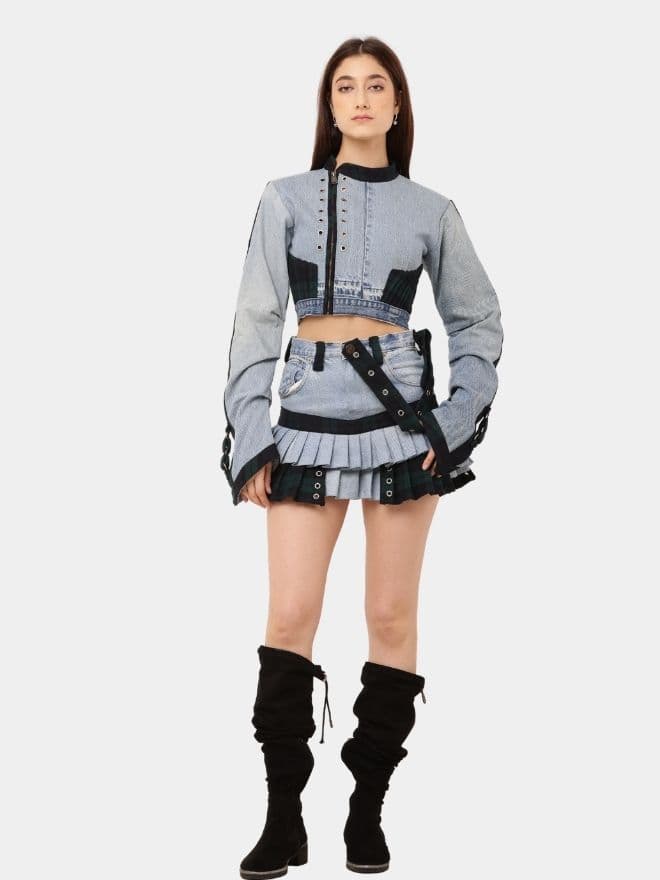 Co-Ord Set – Patchwork Jacket & Pleated Mini Skirt thumbnail 3