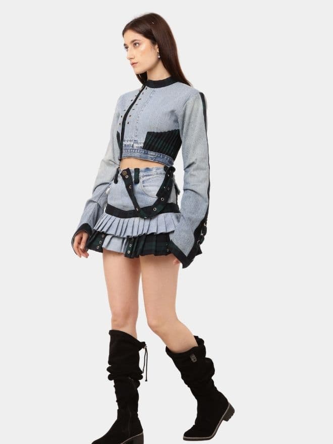 Co-Ord Set – Patchwork Jacket & Pleated Mini Skirt thumbnail 2