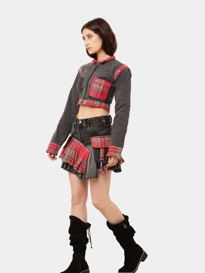 Plaid Denim Skirt Set – Upcycled Check & Denim Co-Ord — image 1 of 7