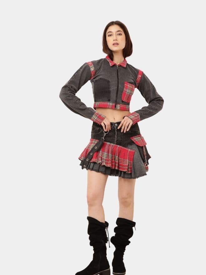 Plaid Denim Skirt Set – Upcycled Check & Denim Co-Ord thumbnail 4