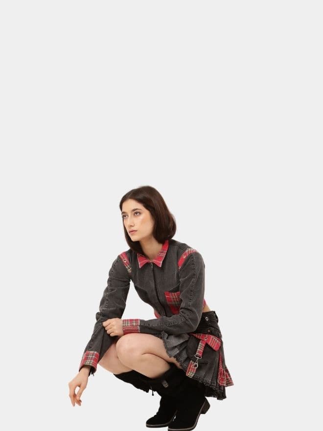 Plaid Denim Skirt Set – Upcycled Check & Denim Co-Ord thumbnail 3