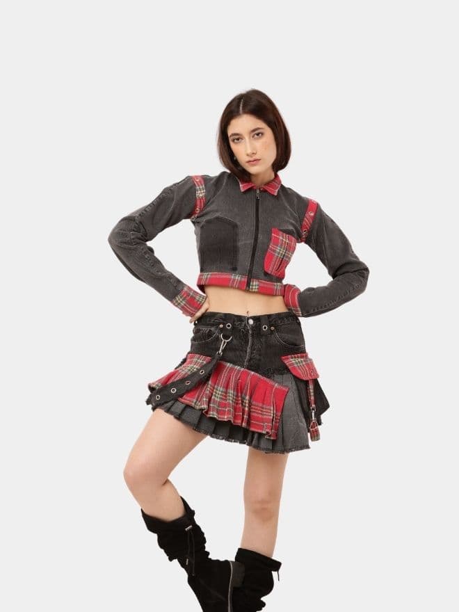 Plaid Denim Skirt Set – Upcycled Check & Denim Co-Ord thumbnail 2