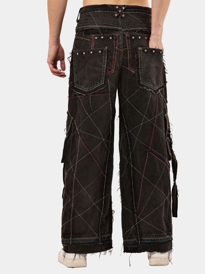 Black Panel Denim Cargo Pants – Contrast Stitch, Rhinestone Detail thumbnail 4