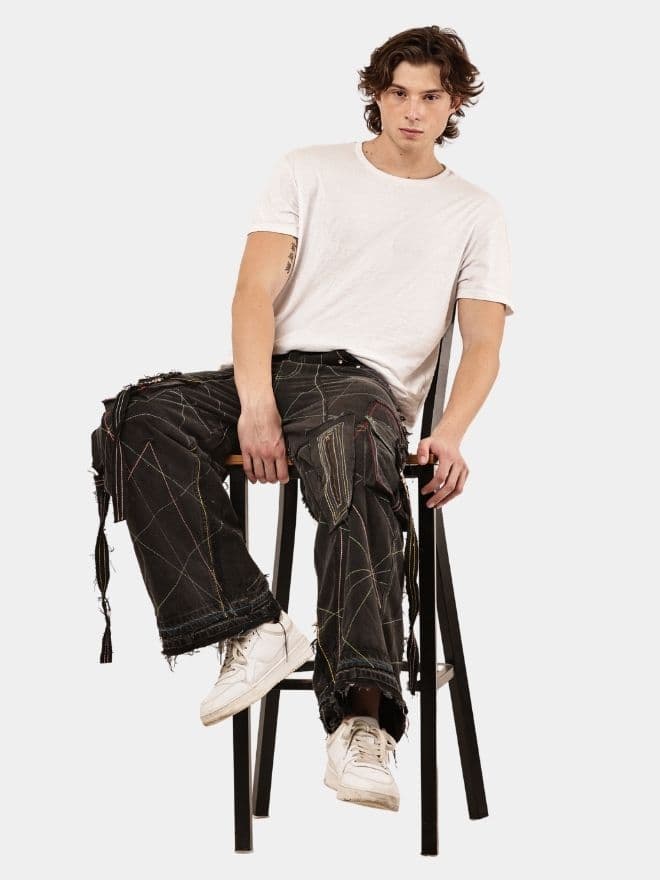 Black Panel Denim Cargo Pants – Contrast Stitch, Rhinestone Detail thumbnail 3