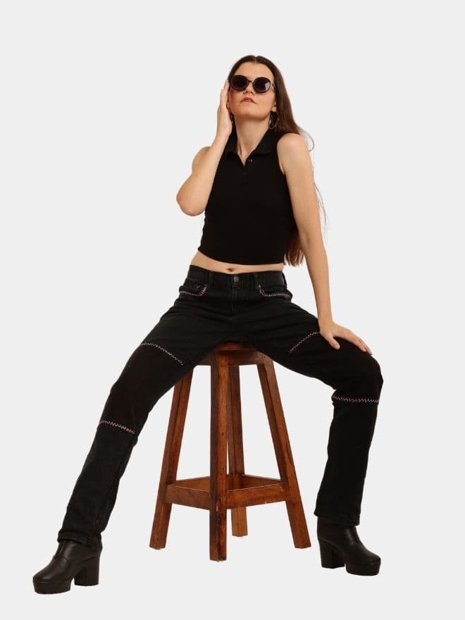 BLACK HAND EMBROIDERED JEANS thumbnail 3