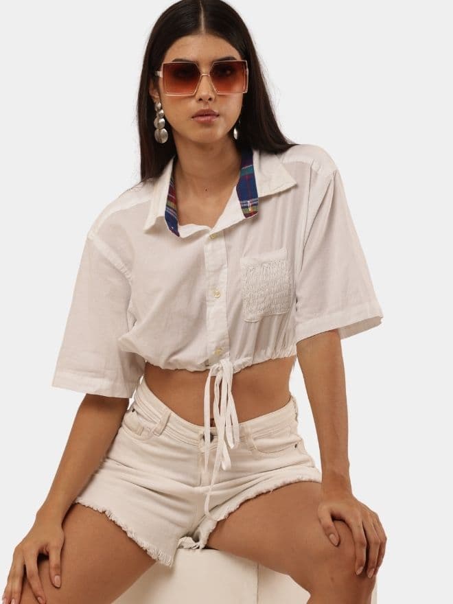 White Crop Shirt Top with Contrast Collar — image 1 of 8