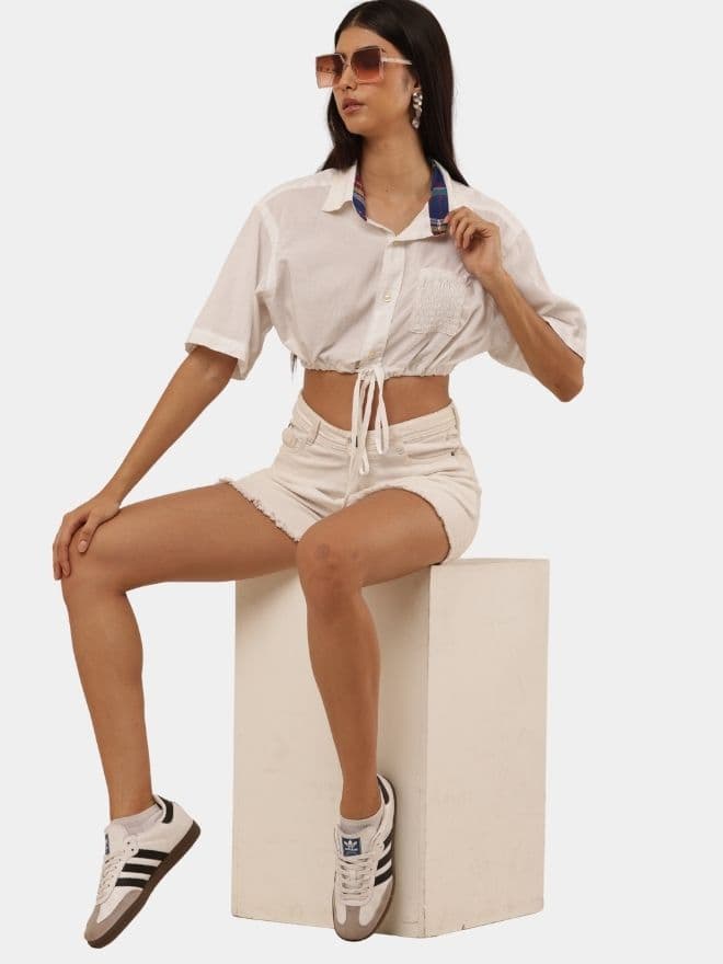 White Crop Shirt Top with Contrast Collar thumbnail 4