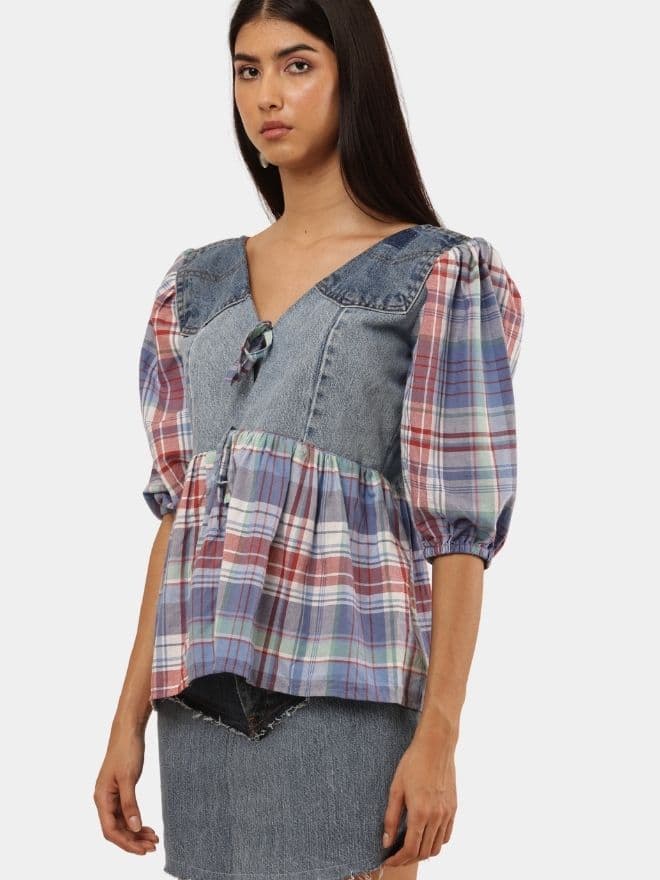 Denim & Plaid Patchwork Tie-Front Top thumbnail 4