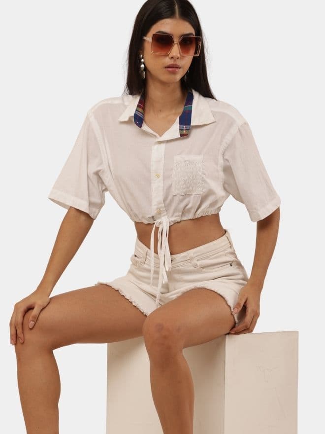 White Crop Shirt Top with Contrast Collar thumbnail 3
