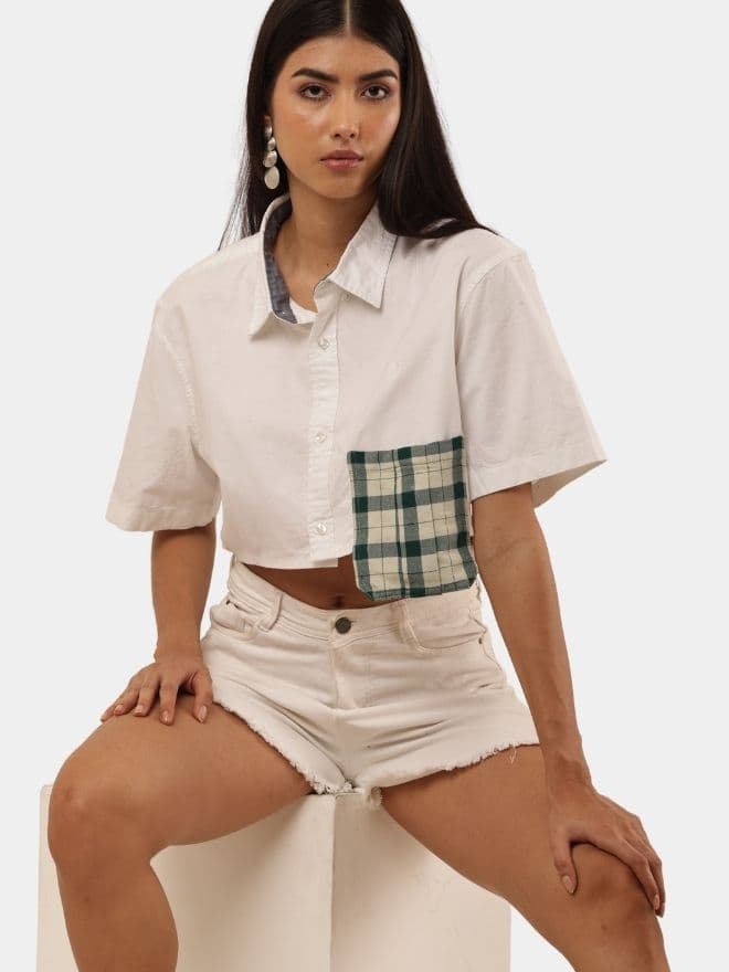 Cropped Shirt Top with Green Patch Pocket thumbnail 2