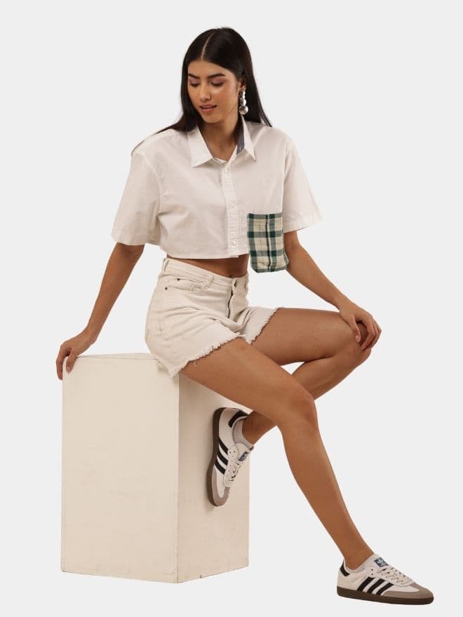 Cropped Shirt Top with Green Patch Pocket — image 1 of 8