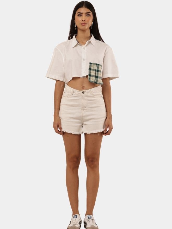 Cropped Shirt Top with Green Patch Pocket thumbnail 4