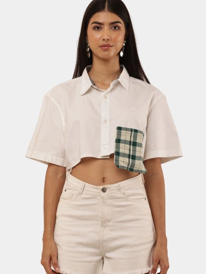 Cropped Shirt Top with Green Patch Pocket thumbnail 3