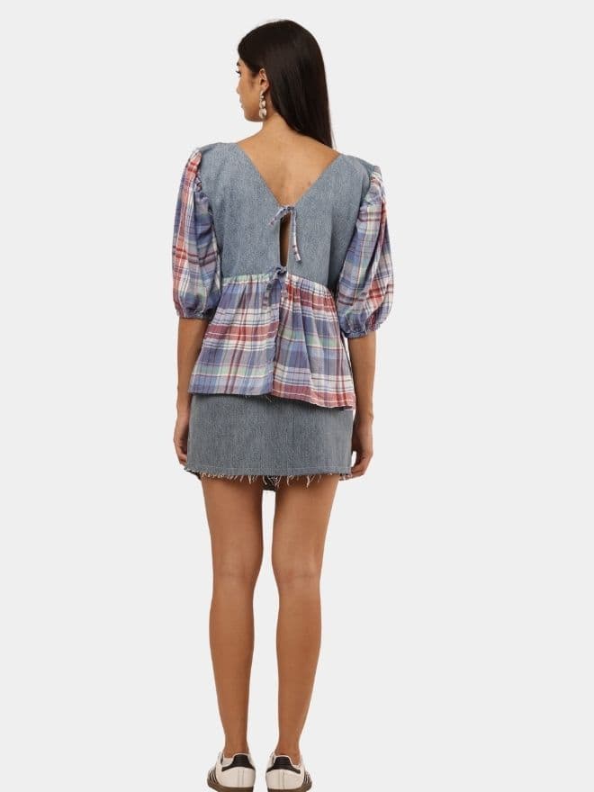 Denim & Plaid Patchwork Tie-Front Top thumbnail 3