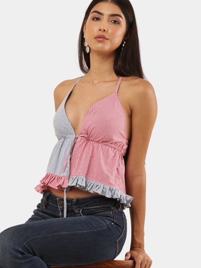 Two-Tone Halter Neck Patchwork Top — image 1 of 6