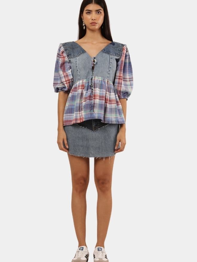 Denim & Plaid Patchwork Tie-Front Top thumbnail 2