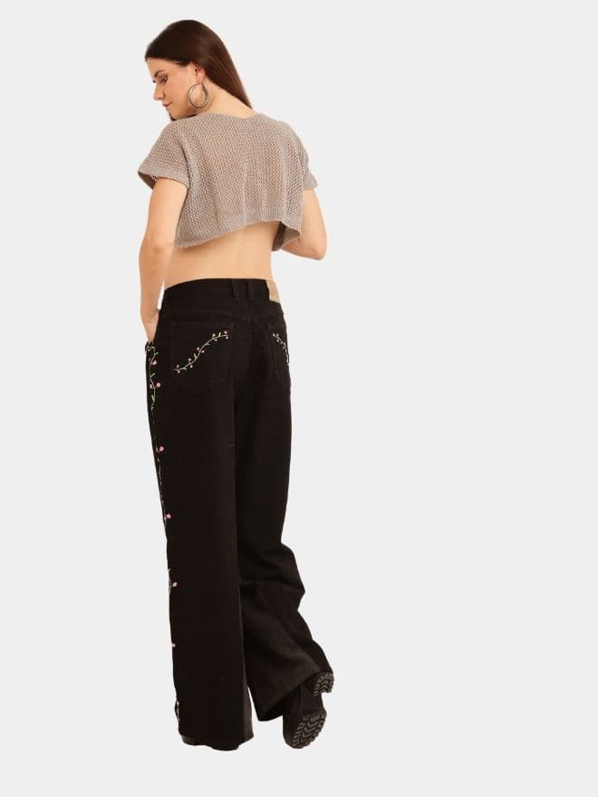 Side Floral Jean – Reworked Baggy Lee Denim with Hand Embroidery thumbnail 2