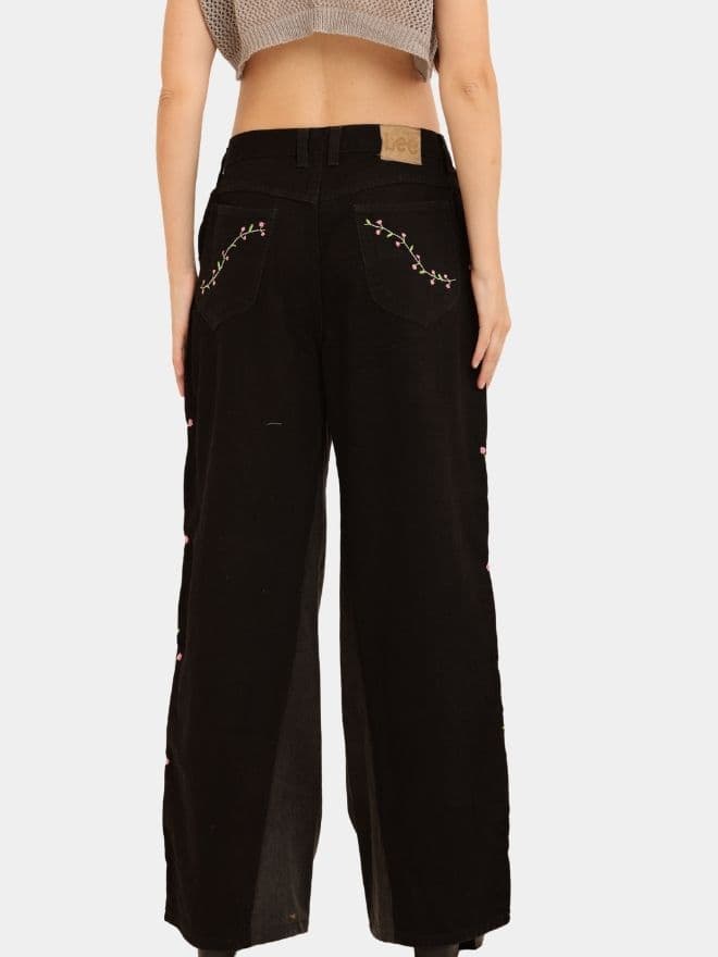 Side Floral Jean – Reworked Baggy Lee Denim with Hand Embroidery — image 1 of 9