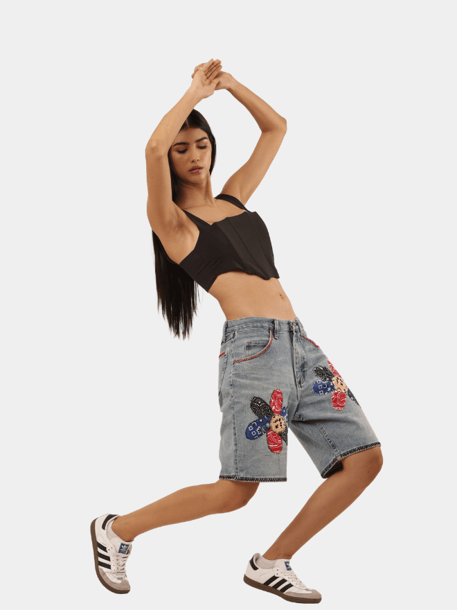 Reworked Wrangler Denim Jorts – Bandana Floral Patchwork thumbnail 2