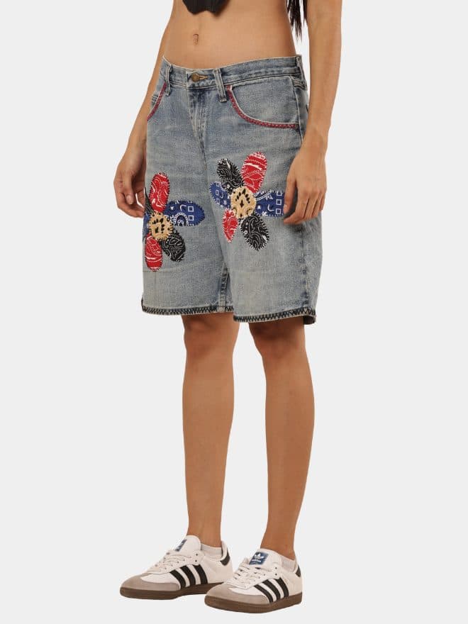 Reworked Wrangler Denim Jorts – Bandana Floral Patchwork thumbnail 4