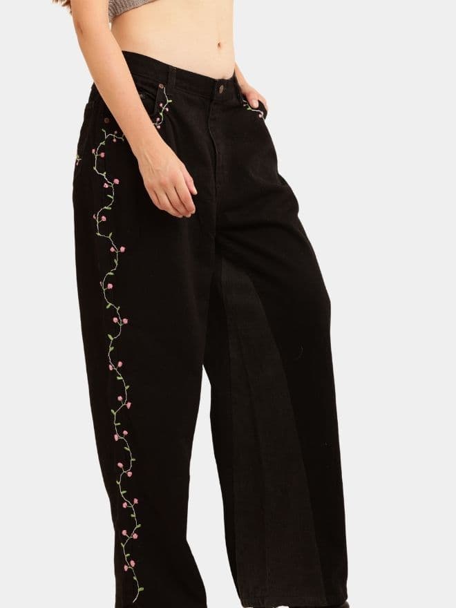 Side Floral Jean – Reworked Baggy Lee Denim with Hand Embroidery thumbnail 4