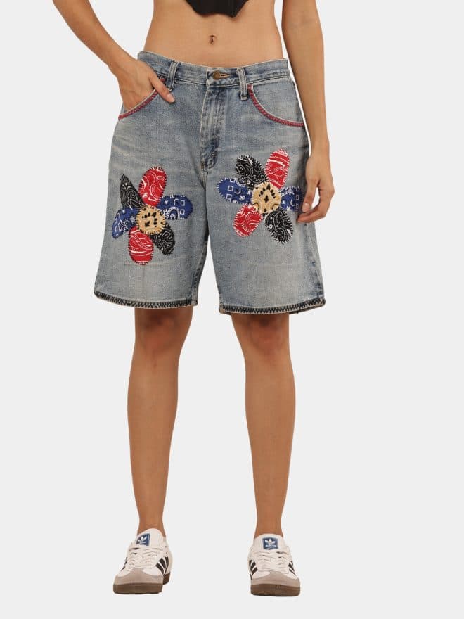 Reworked Wrangler Denim Jorts – Bandana Floral Patchwork thumbnail 3