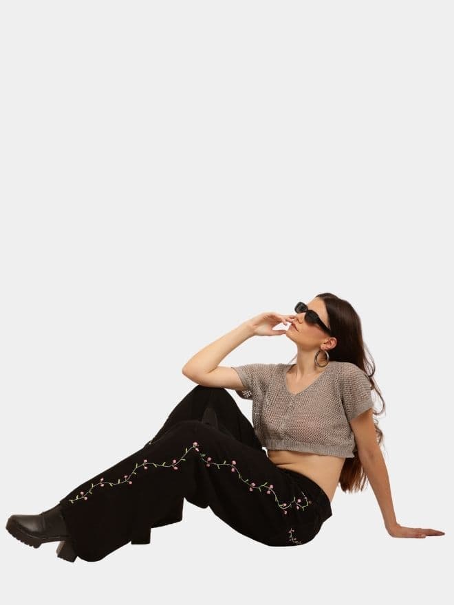 Side Floral Jean – Reworked Baggy Lee Denim with Hand Embroidery thumbnail 3