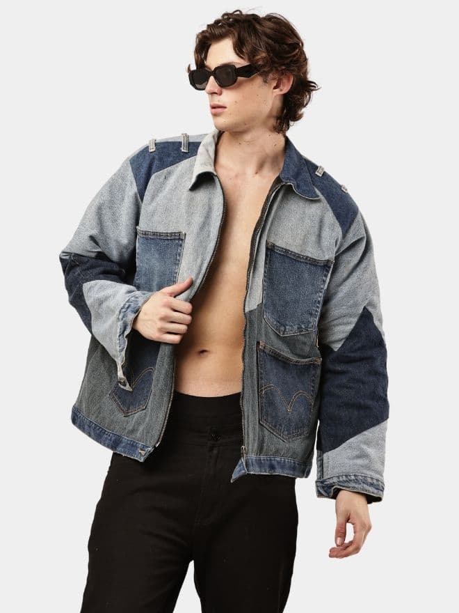 MULTI-PANEL REWORKED DENIM UTILITY JACKET — image 1 of 15
