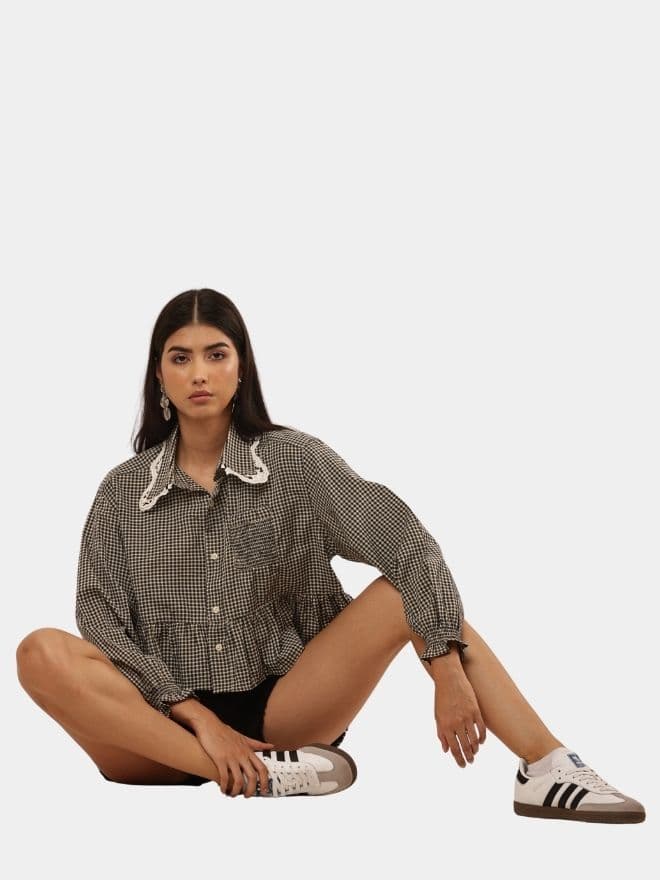 Checkered Crop Shirt Top Bundle with Lace Collar — image 1 of 6
