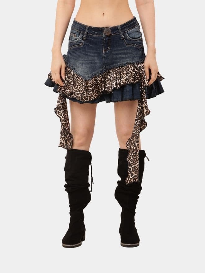 Safari Skirt –  Denim Leopard Ruffle Mini thumbnail 3