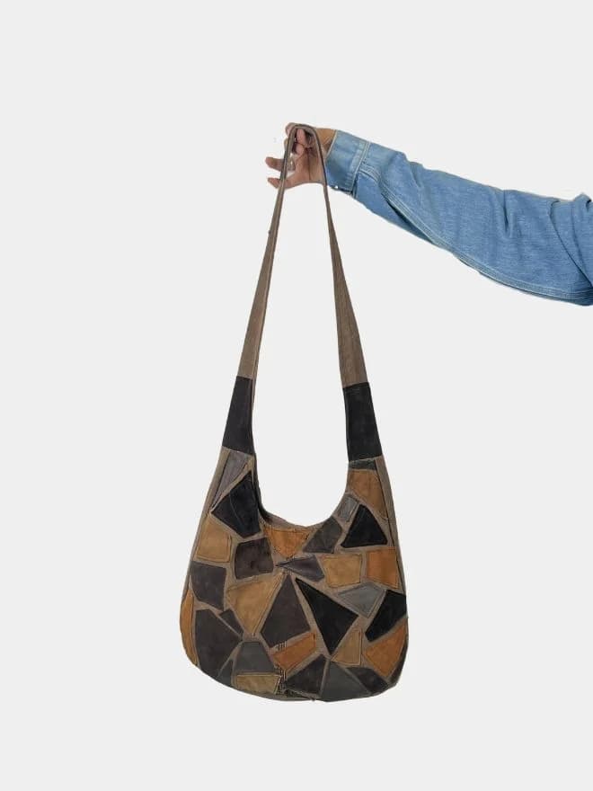 Earth-Tone Patchwork Vintage Fabric Tote Bag thumbnail 2