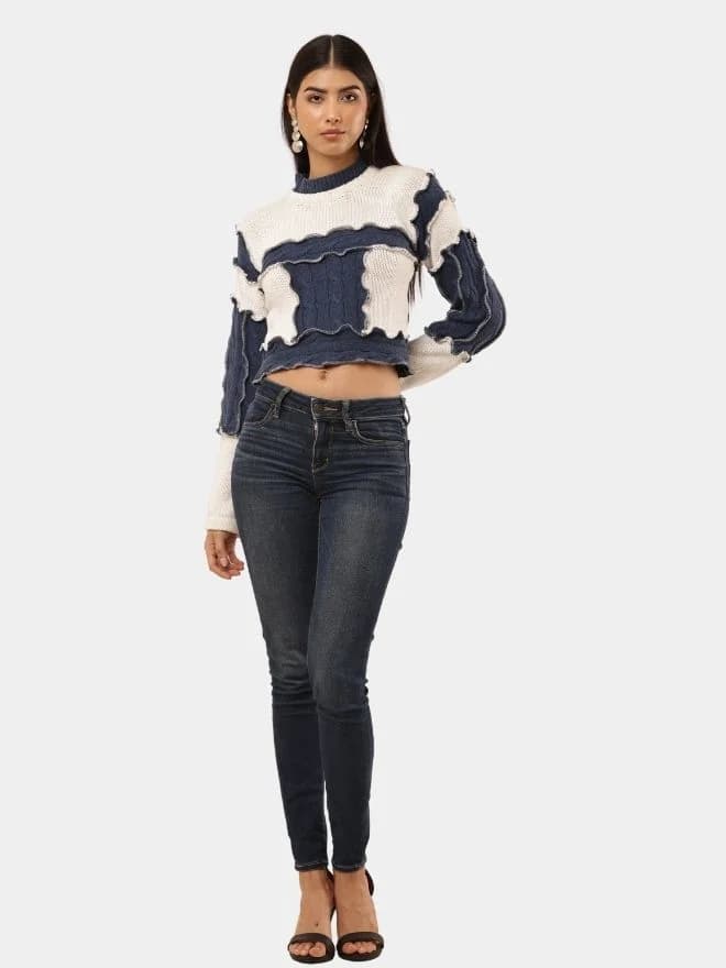Vintage Cable Knit Crop Sweater – Blue & White Panel Design thumbnail 2