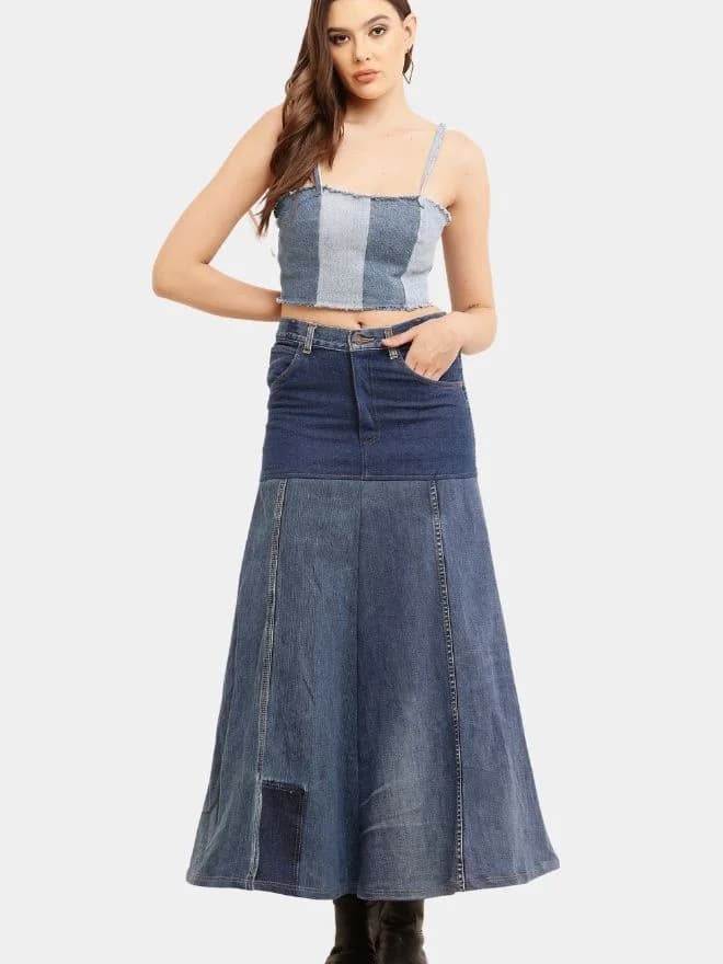 Denim Panelled Maxi Skirt thumbnail 2