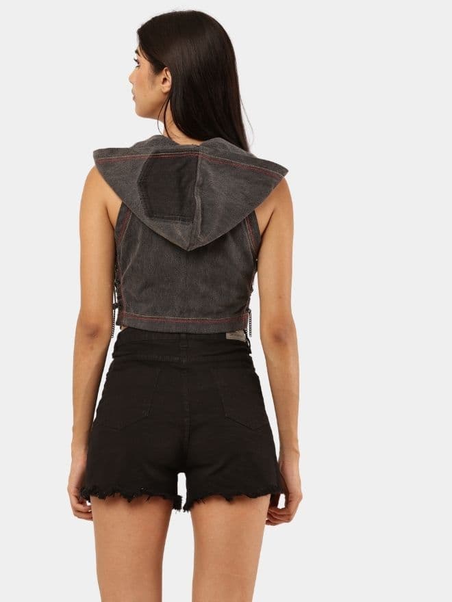 Black Denim Hooded Zip Crop Top thumbnail 2
