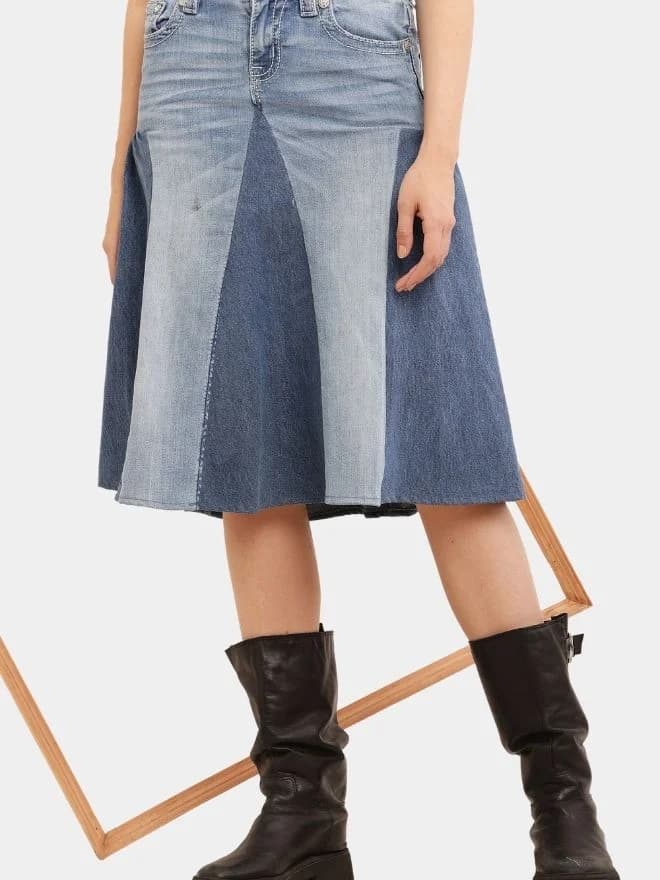 Broad Collar Reworked Levi’s Denim Top & Two-Tone Flared Studded Skirt Set thumbnail 2