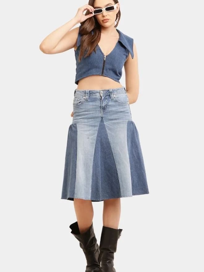 Broad Collar Reworked Levi’s Denim Top & Two-Tone Flared Studded Skirt Set thumbnail 4