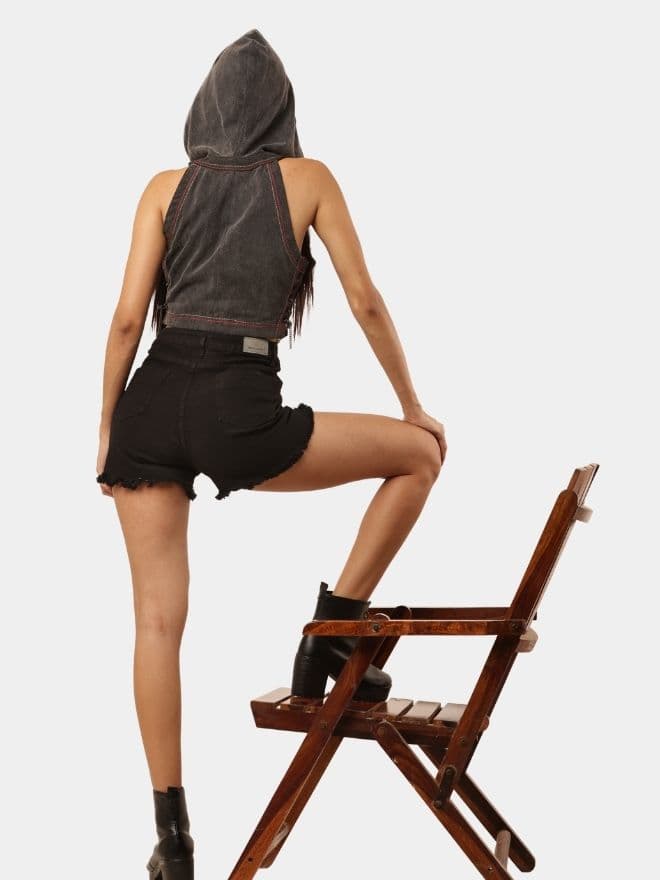 Black Denim Hooded Zip Crop Top thumbnail 3