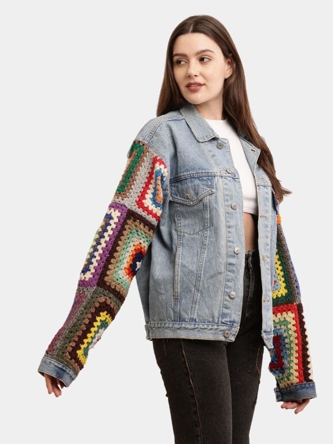 Unisex Crochet Denim Jacket – Multicolour Sleeve Statement thumbnail 3