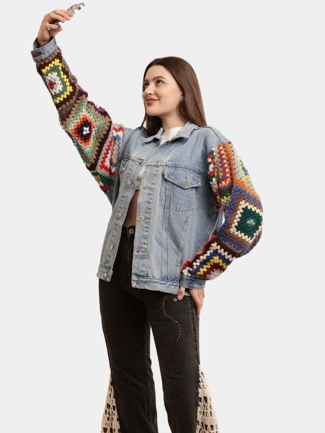 Unisex Crochet Denim Jacket – Multicolour Sleeve Statement alternate