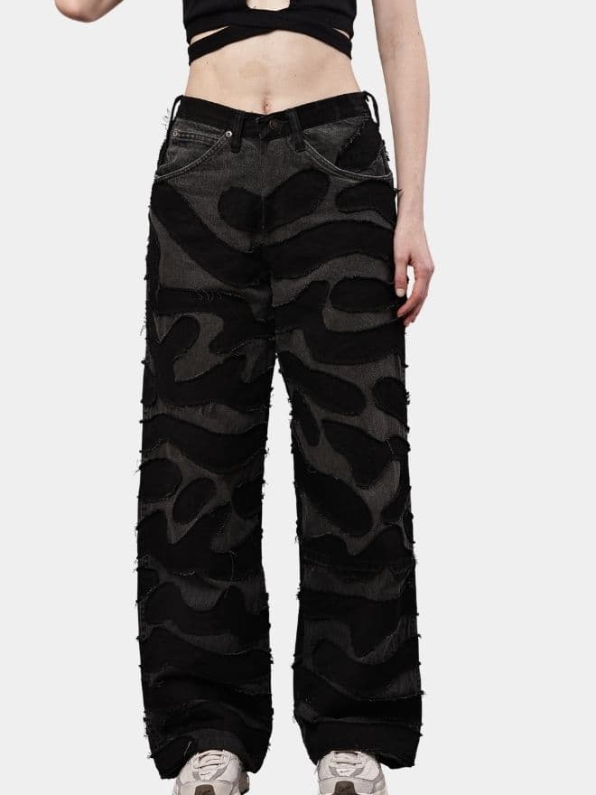 Black Denim Pants – Wavy Overlay Design — image 1 of 11