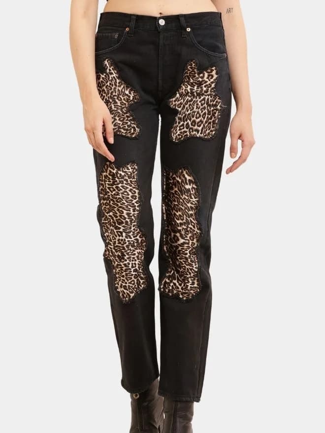 Leopard Patchwork Reworked Denim Jeans — image 1 of 11