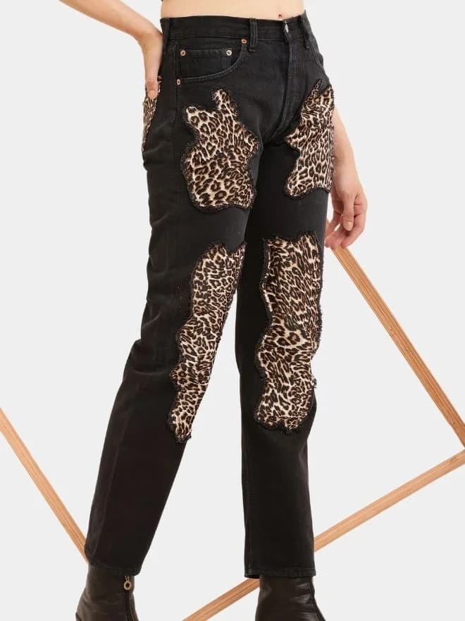 Leopard Patchwork Reworked Denim Jeans thumbnail 2